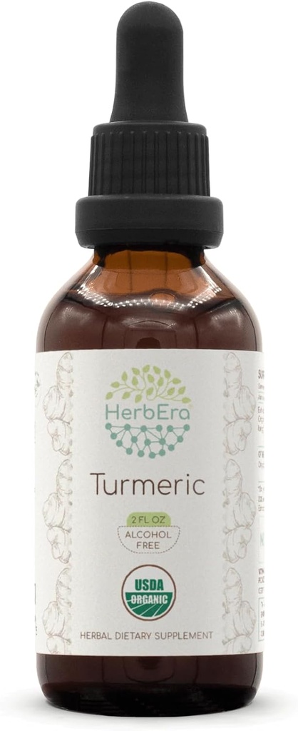 HerbEra Turmeric B60 USDA Teinture biologique (Extrait sans alcool, gouttes à base de plantes de haute puissance) Certifié Turmère biologique (Curcuma Longa) Racine séchée (2 oz)