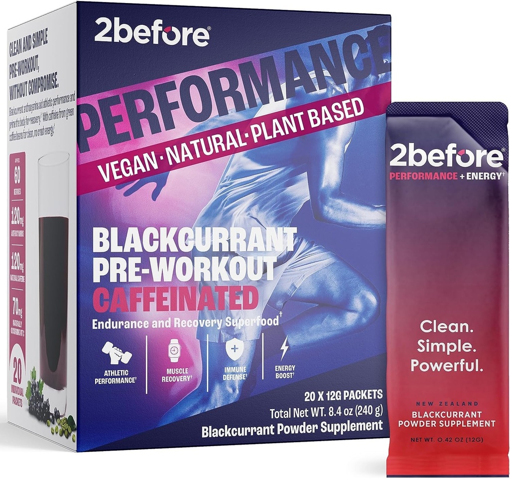 2prima di tutto naturale Vegan Pre allenamento, con 120 mg Caffeina I Clean Energy, Endurance, Recupero Pre Workout Donne e Uomini I 20 x singoli Packets I Informed Sports Certified I Blackcurrant