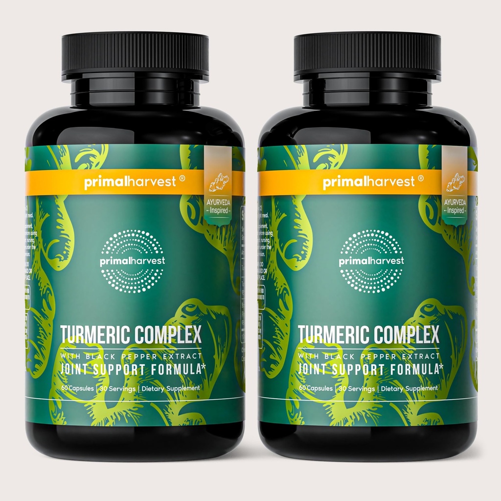 Primal Harvest 2 Pack, Primal Turmeric Complex w/Black Pepper Extract, Joint and Mobility Support Supplement für Damen und Herren, 120 Kapseln