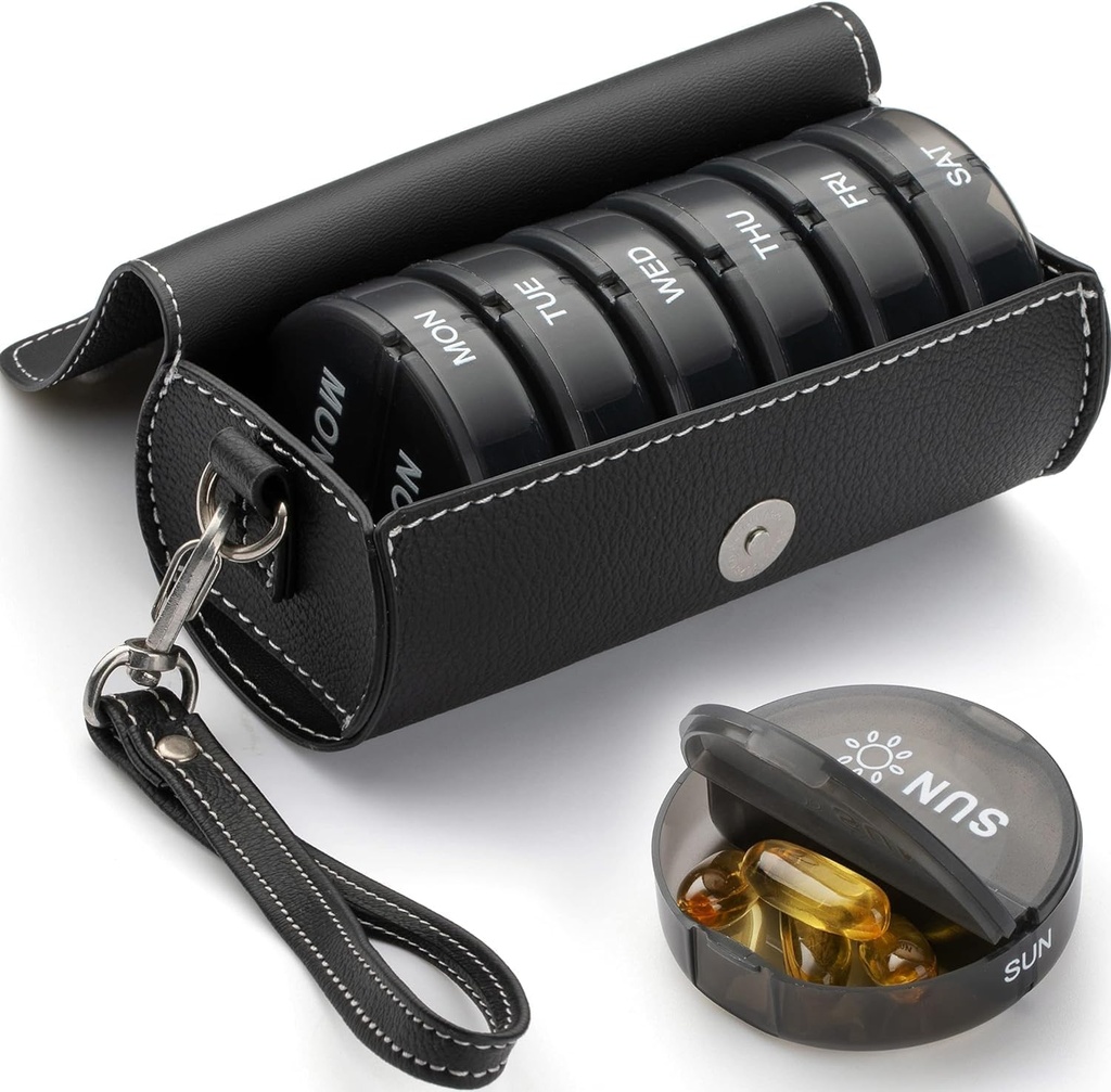 Wöchentliche Pille Organizer 2 Mal am Tag,AM PM Große tägliche Pille Box mit PU-Leder-Gehäuse für Reisen,Round Medizin Organizer,7 Tage Pille Behälter für Vitamin-Fische Öle Supplement-Schwarz