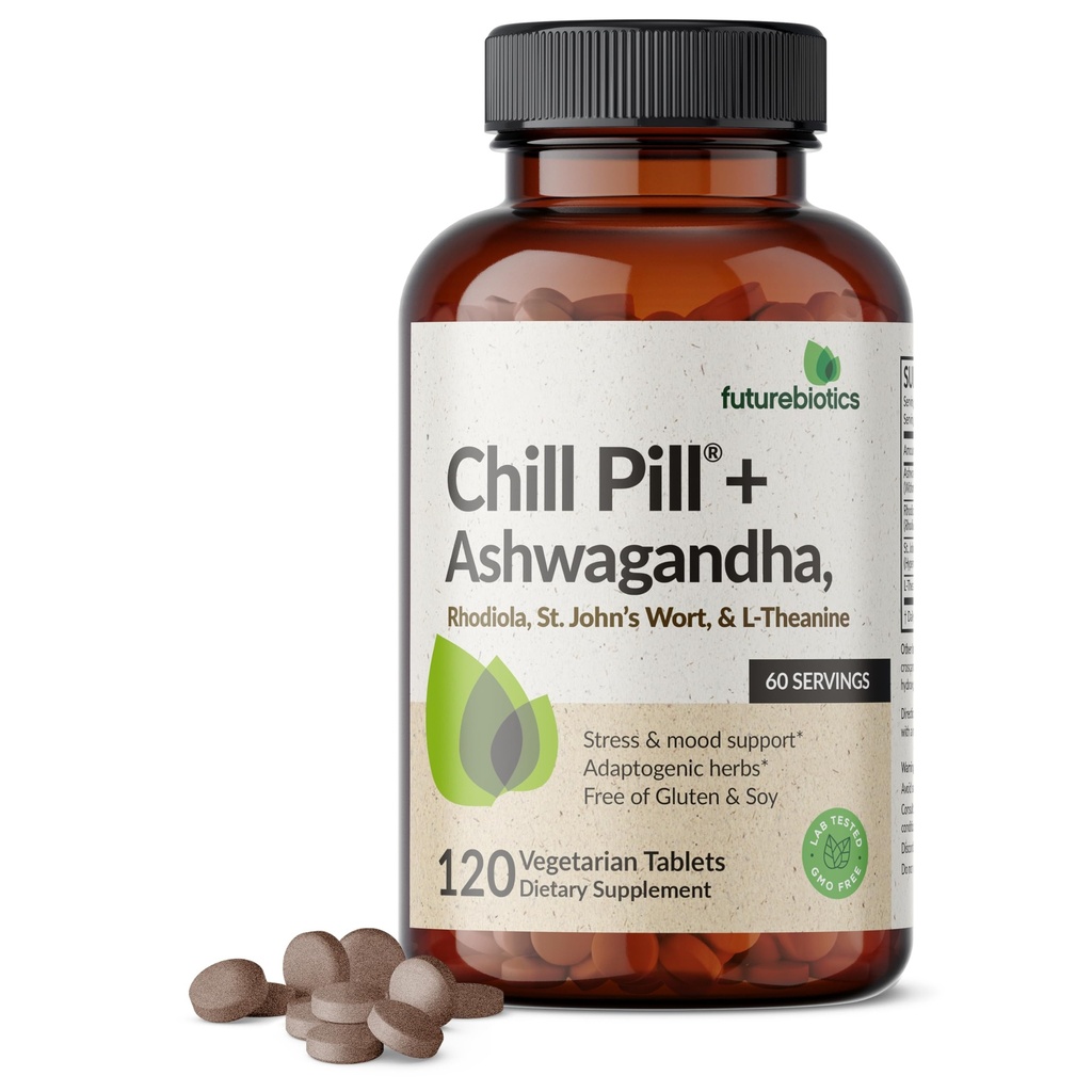 Futurebiotics Chill Pille + Ashwagandha, Rhodiola, St. John’s Wort, & L-Theanine - Non-GMO, 120 vegetarische Tabletten