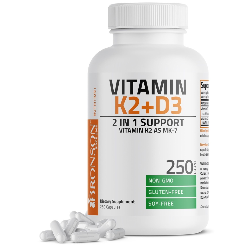 Bronson Vitamin K2 (MK7) mit D3 Supplement Non-GMO-Formel 5000 IU Vitamin D3 & 90 mcg K2 MK-7 einfach zu Swallow D & K Complex, 250 Kapseln