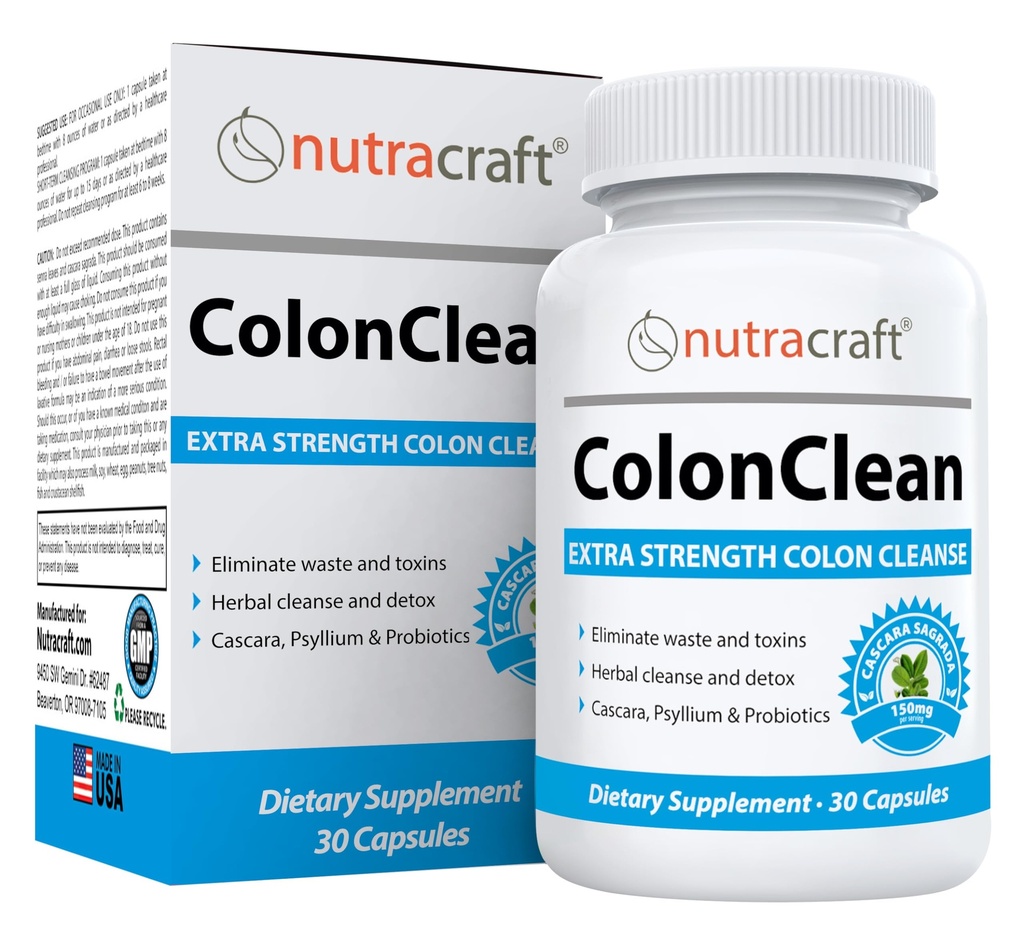 Nutracraft ColonClean #1 Colon Detox and Constipation Relief | Senna, Cascara Sagrada, Psyllium, MCT, Aloe e Probiotici | 30 capsule