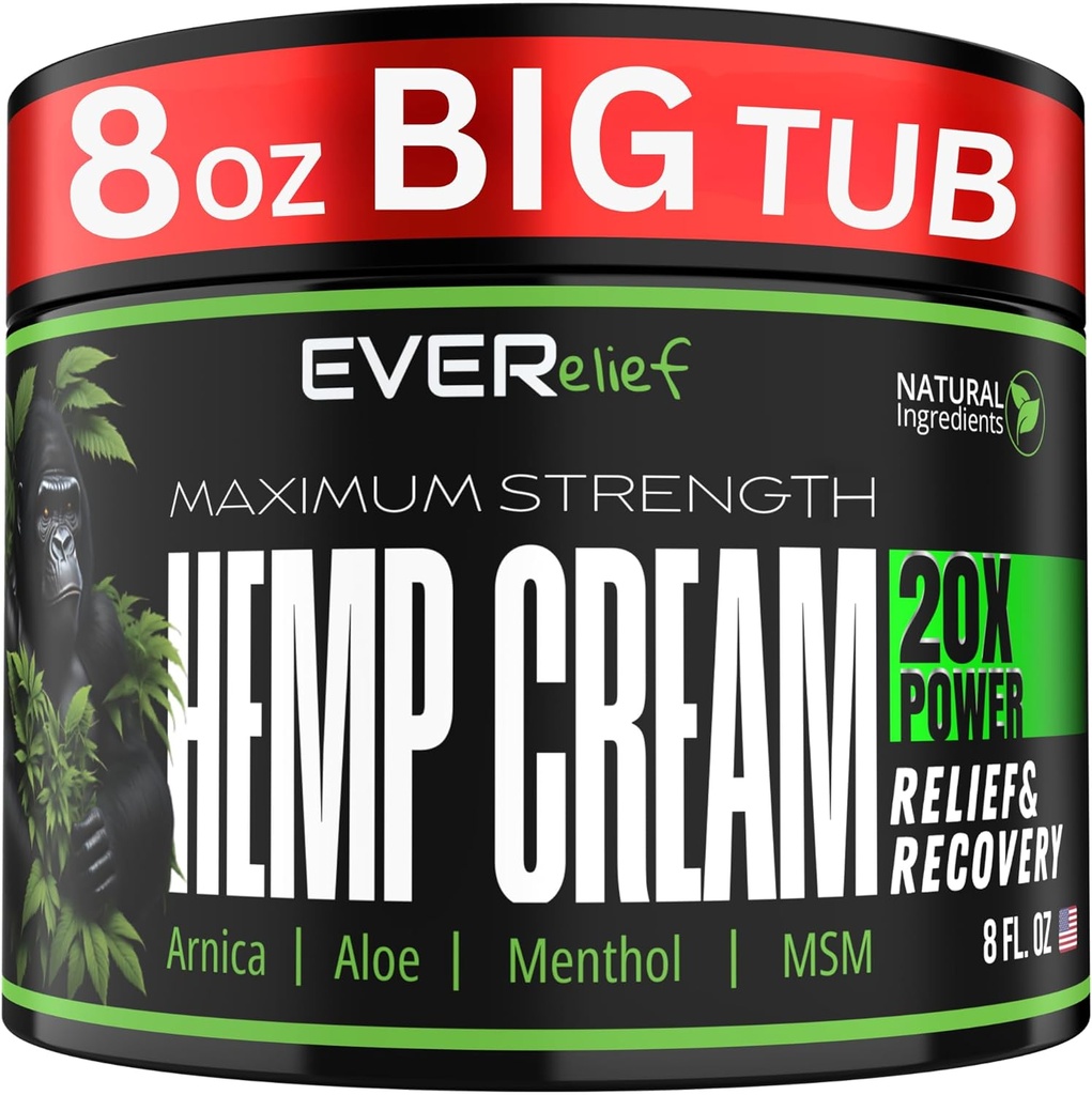 Crema di sollievo massima resistenza della canapa Crema 8 OZ - Relieve Knee, Hip, Joint, Muscle & Lower Back Pain Support | Lozione naturale Made in USA con olio di canapa, MSM, curcuma e Arnica.