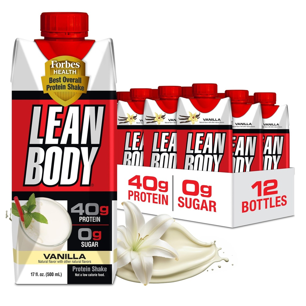 Lean Corps prêt à boire Vanille Secouée de protéines, 40g de protéines, mélange de lactosérum, 0 sucre, sans gluten, 22 vitamines et minéraux, 17 Fl Oz (paquet de 12) LABRADA