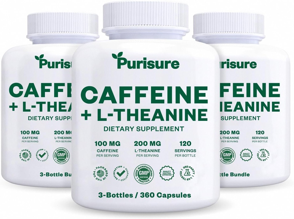 Caffeina sicura pillole di Theanine 100mg Caffeina + 200 mg L Theanine per l'energia pre allenamento, e Pillole di energia di Clarity per Fatigue, supplemento Nootropic, 120 giorni di alimentazione, pacchetto di 3