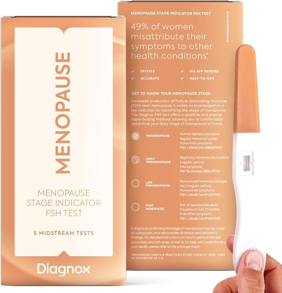 Trousse de test de la ménopause de DIAGNOX FSH - Indicateur du stade de la ménopause en boîte de 5 - Classe clinique de la FSH de niveau intermédiaire Test à domicile - Aucune application mobile nécessaire