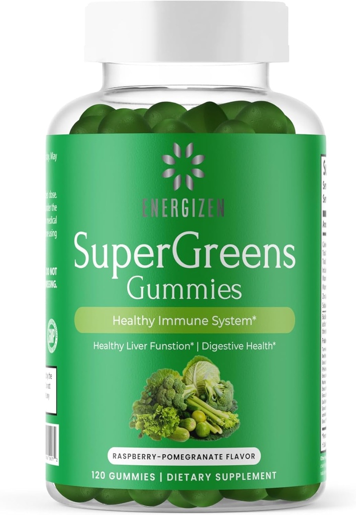 Green Superfood Gummies Plus - Supporta fegato sano, salute digestiva e sistema immunitario - Vegan, Non OGM, Gluten-Free - Raspberry & Pomegranate Flavor - 120 Conte
