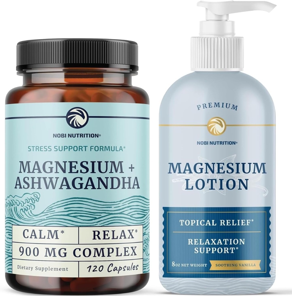 Nobi Nutrition Magnesium Lotion und Magnesium Ashwagandha Ergänzung | Vollkörper Magnesium Unterstützung für Körper und Geist mit 8 Fl Oz topal Magnesium Plus 2 Monate Versorgung Magnesium Complex Pillen