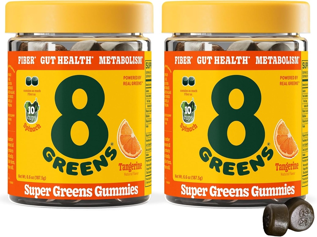 8Greens Daily Fiber Super Greens Gummies - Tangerine Flavor: Boost Immune System & Digestive Health with 8 Real Greens - Non-GMO Formula, Chewables, 50 Vegan Gummies, Pack of 2