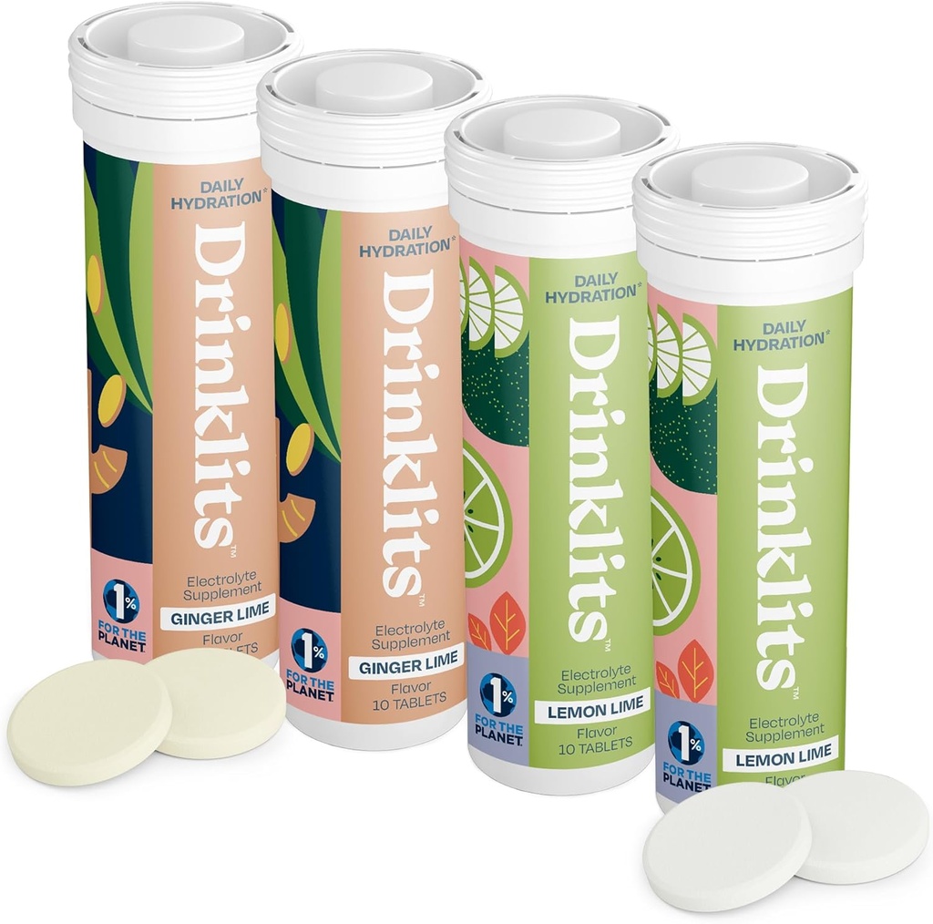 Drinklits Ginger-Lime & Lemon-Lime Elektrolyt Tablets (4) Tube Bundle | Daily Hydration Combo Pack | Great Taste – 0g Zucker – Natural Sports Drink | 40 Servierungen - 10 Tabletten pro Tube