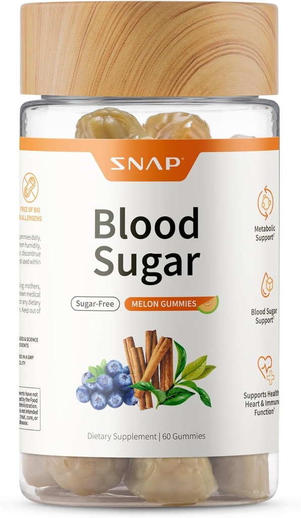 Snap ergänzt Blutzucker-Gummi, Unterstützt gesunde Blutzucker-Level und Zucker Stoffwechsel, Kaubare Blutzucker-Mischung, Cinnamon Bark und Blueberry Obst-Extrakt, natürliche Melonen-Flamour, 60 Gummis