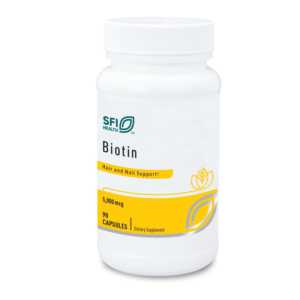 Klaire Labs SFI Health 5000mcg Biotine Pills - Supplément de biotine à haute puissance - Vitamine impliquée dans la nutrition de la peau et des cheveux - Pills hypoallergéniques sans maïs, petites et faciles à avaler (90 capsules)