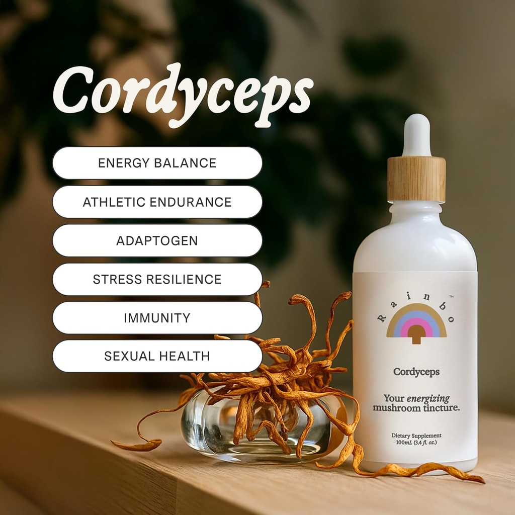 Rainbo - Cordyceps Mushroom Tincture - Alkoholfrei - Dual Extract Mushroom Supplement - Immununterstützung, Energie, Liquid Cordyceps Supplement, Vegan, Non GMO, 3,4 fl oz