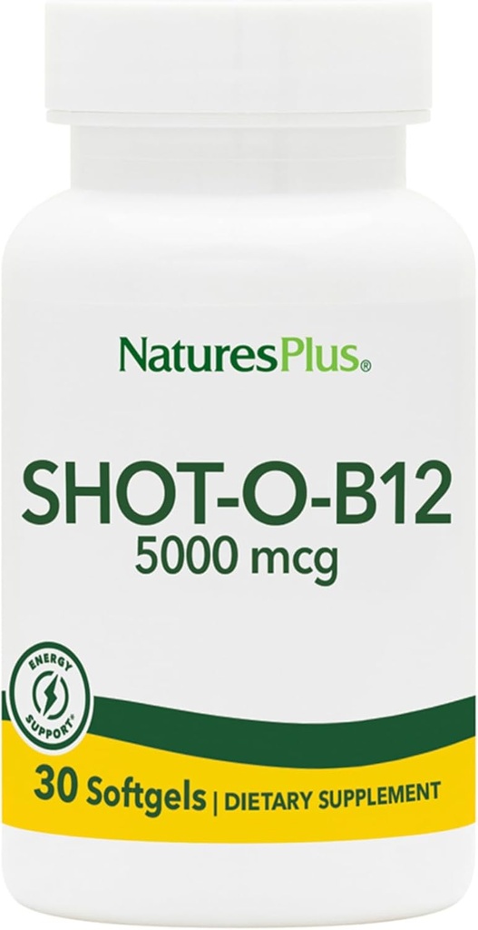 Natures Plus Shot-O-B12 (Cyanocobalamin) - 5000 mcg, 30 Softgels - Supplément B12 à haute puissance et à action rapide - Mémoire et booster d'énergie - Sans gluten - 30 portions