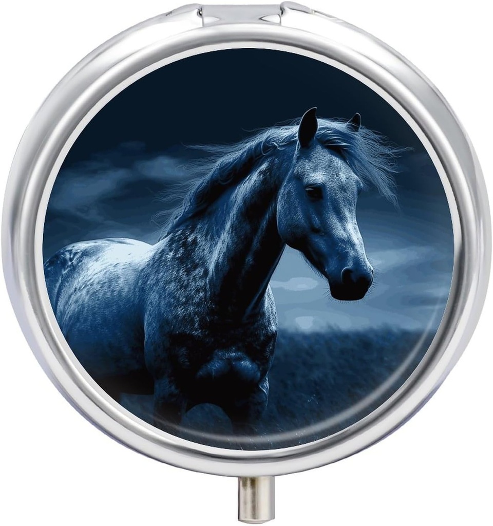 Blue Horse Pill Box 3 scomparti rotondo Piccolo Pill Case Travel Pillbox per Purse Pocket Metal Medicine Organizer Portable Pill Container Holder per tenere le vitamine Medicazione Fish Oil e Integratori