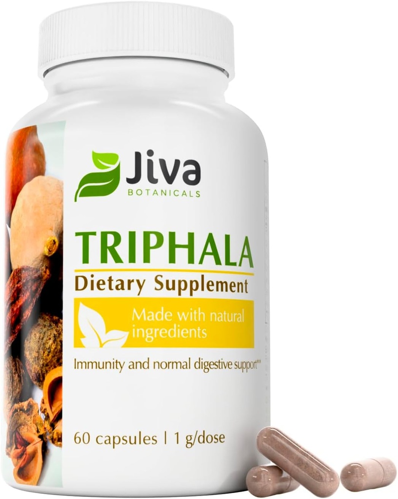 Jiva Botanicals Triphala Supplement - Triphala Kapseln hergestellt mit Amalaki, Bibhitaki und Haritaki Pulver für normale Verdauungs-Gesundheit & normale Immunsystem - 60 Kapseln