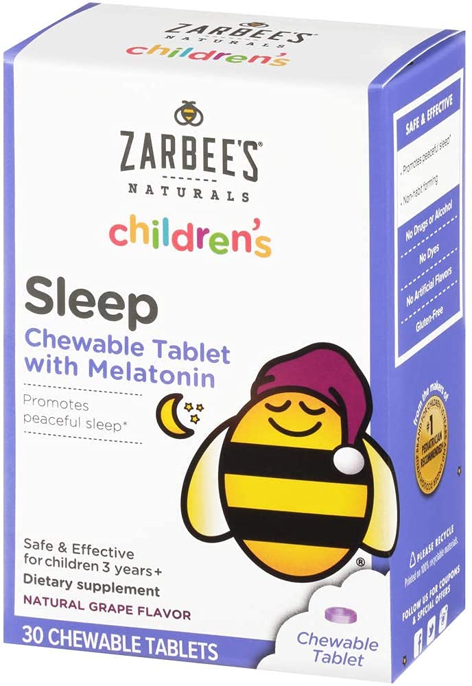 Zarbee's Kids 1mg Melatonin Chewable Tablet, Droga-Free & Efficace supplemento di sonno, Facile da prendere Natural Grape Flavor compresse per bambini età 3 e superiore, 30 conte
