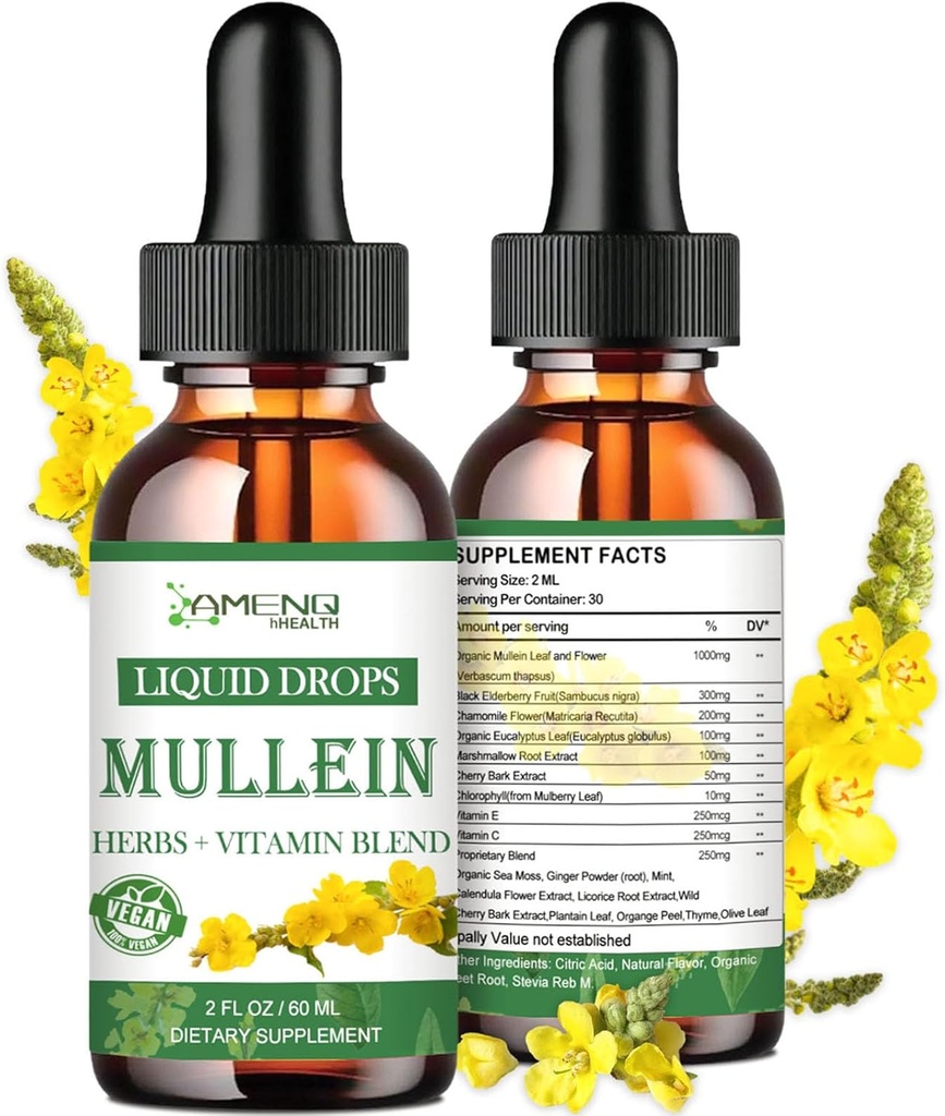 Gocce di Mullein per polmoni, potente disintossicazione polmonare per fumatori, Mullein organico e gocce di clorofilla per polmoni, Estratto di foglie di Mullein per polmone e Bronchia, Salute respiratoria, Boost immunitario 2 FL/OZ