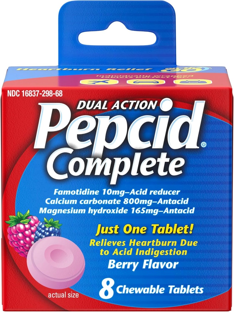 Réducteur d'acide complet Pepcid + antiacide pour le reflux acide, 10 mg de famotidine, 800 mg de carbonate de calcium et 165 mg d'hydroxyde de magnésium par comprimé de médecine des brûlures d'estomac, antiacides, Berry, 8 ct