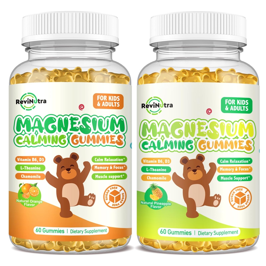 Magnesiumgummis für Kinder - Magnesium-Glycinat-Ergänzung mit L-Theanin, Vitamin B6, D3 für Erwachsene & Kinder, ruhiges Magnesium für Schlaf, Entspannung, Gehirn, Knochen, Orange & Ananas