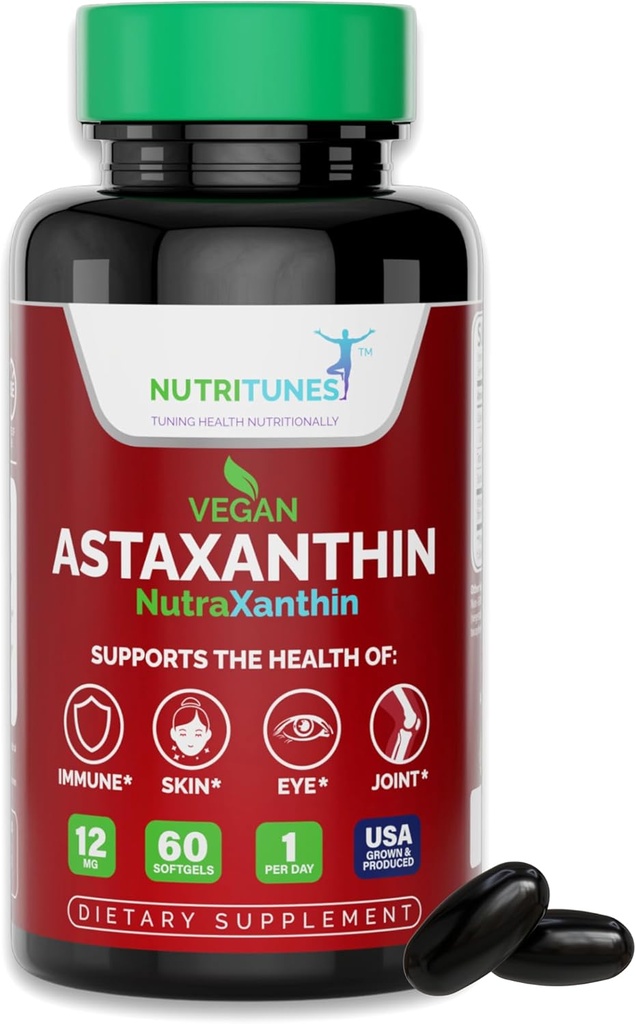 Astaxanthin 12mg Vegan Softgels – High Potency Antioxidans für Haut, Augen- und Immununterstützung – Non-GMO, frei von Gluten, Soja, Lactose & BSE, 60 Vegan Softgels, 2-Month Supply