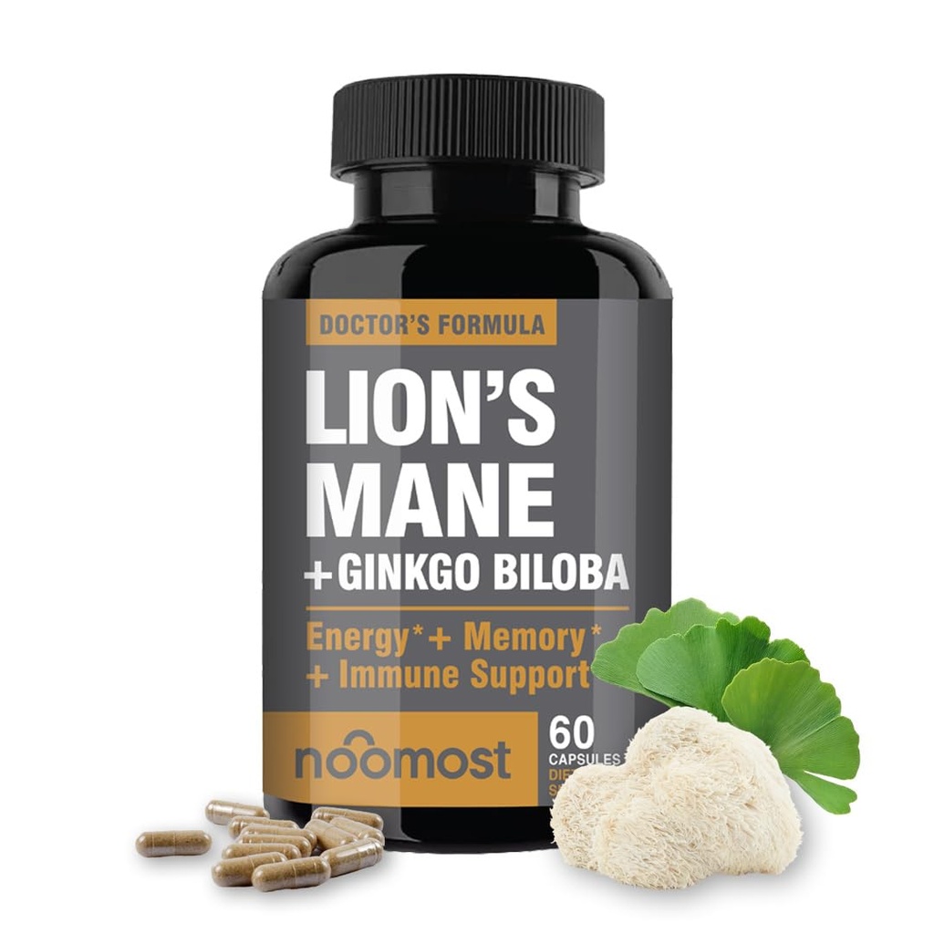 NooMost Lions Mane Supplement Organic Capsules - con Ginkgo Biloba - Salute cognitiva, Focus & Memory Support - Superfood naturale per il cervello, energia e salute immunitaria - 60 capsule - 2 mesi di fornitura