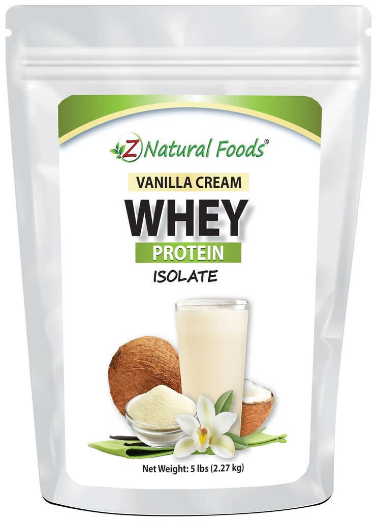 Z Natural Foods Vanilla Cream Whey Protein Isolate, Nutrizione-Rich, Polvere proteica saporita per la salute del cuore e l'immunità, Grande in tè, Caffè, Smoothie, Non-GMO, Gluten-Free, Kosher, 5 lbs