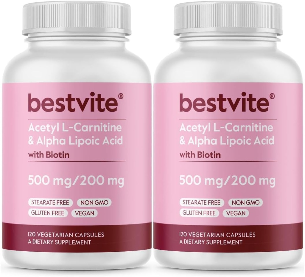 BESTVITE Acetyl L-Carnitin 500mg & Alpha Lipsäure 200mg pro Kapsel mit Biotin (240 vegetarische Kapseln) (120 x 2) - Keine Stearaten - Vegan - Non GMO - Glutenfrei
