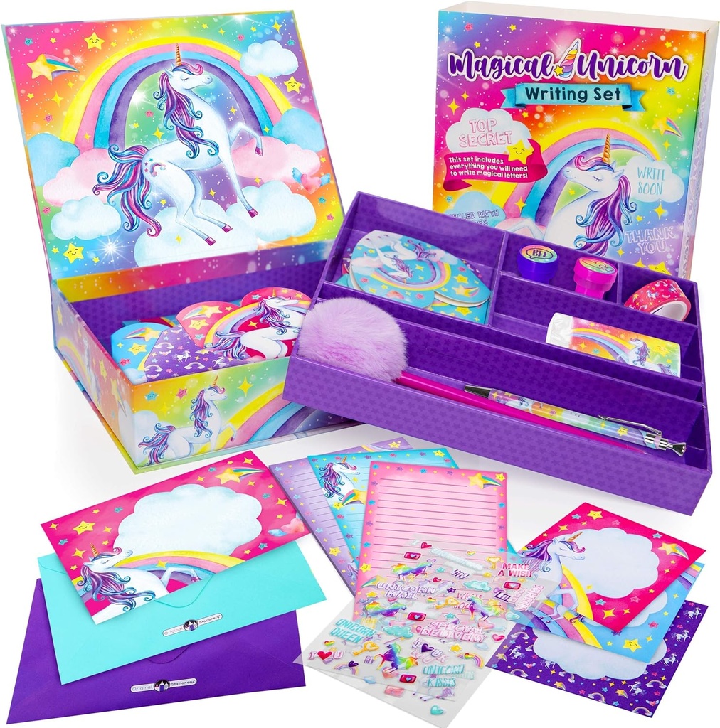 Kit di scrittura della lettera di un unicorno della cancelleria originale - 45-Piece Multi-Color Paper & Sticker Set con scatola di stoccaggio viola - Cancelleria & Letter Paper per le ragazze