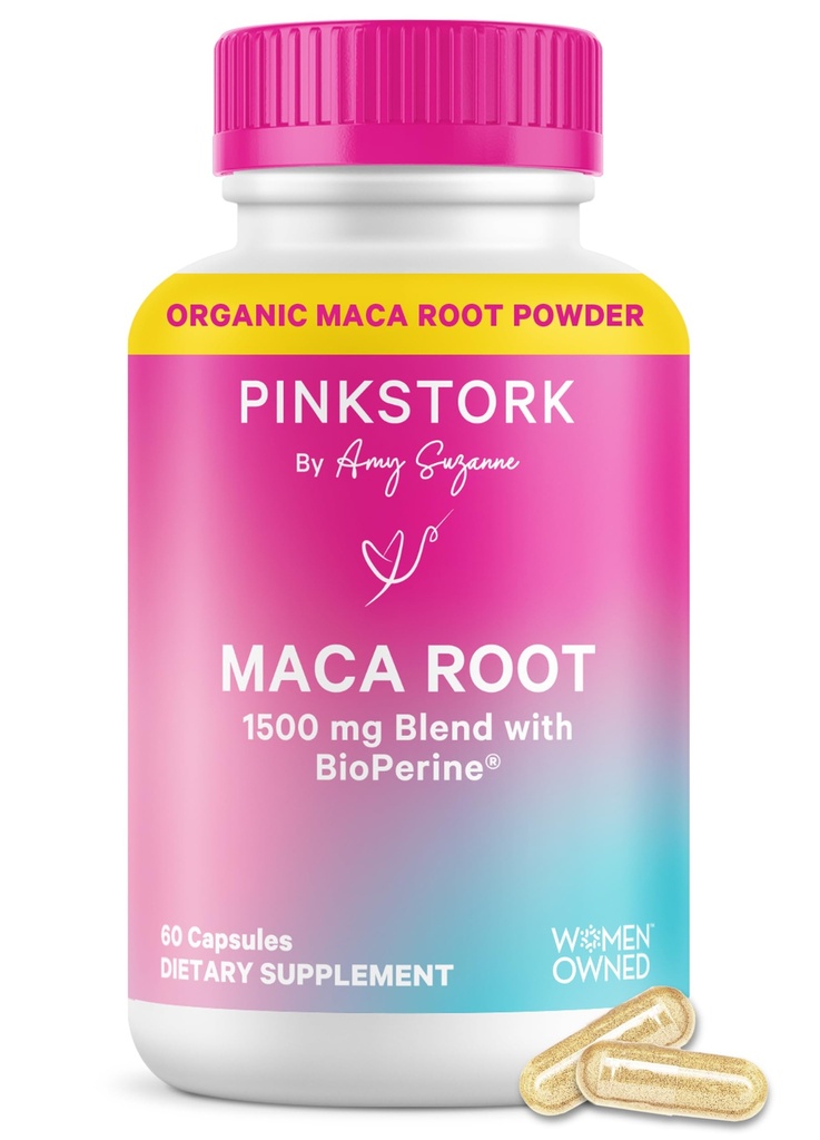 Cicogna rosa Maca capsule di radice per le donne – Maca organica con BioPerine® per equilibrio ormonale, energia + benessere – Supporta Perimenopause, Salute Mestruale e Vitalità