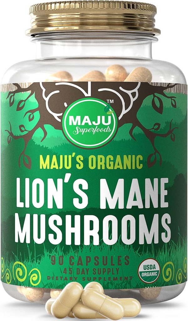 Maju Superfoods Bio Lions Mane Mushroom Capsules 90ct, Fruchtkörper Dampfextrakt, Bio Pilze mit schwarzem Pfeffer Extrakt, Hericium Erinaceus