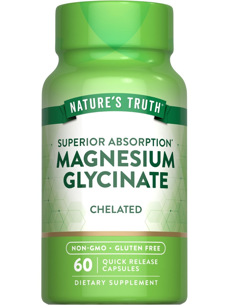 Nature's Truth Glycinate de magnésium Capsules de 200mg de glycine 60 Count de la formule d'absorption supérieure chélatée sans OGM et supplément sans gluten