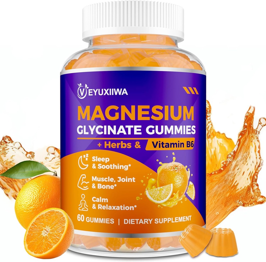 Magnesio Glycinate Gummies 2000mg, Magnesio Gummies per Adulti con Magnesio L-Threonate, Ashwagandha & B6 per Muscle & Bone, Magnesio L-Threonate Gummies per Rilassamento & Energy, Vegan - 60 Conte
