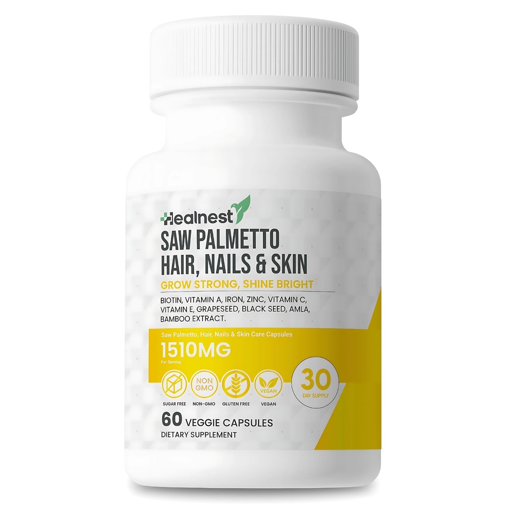 Cheveux, ongles et soins de la peau avec – Saw Palmetto, Biotin, Amla - 60 Capsules Véggie sans gluten pour hommes et femmes