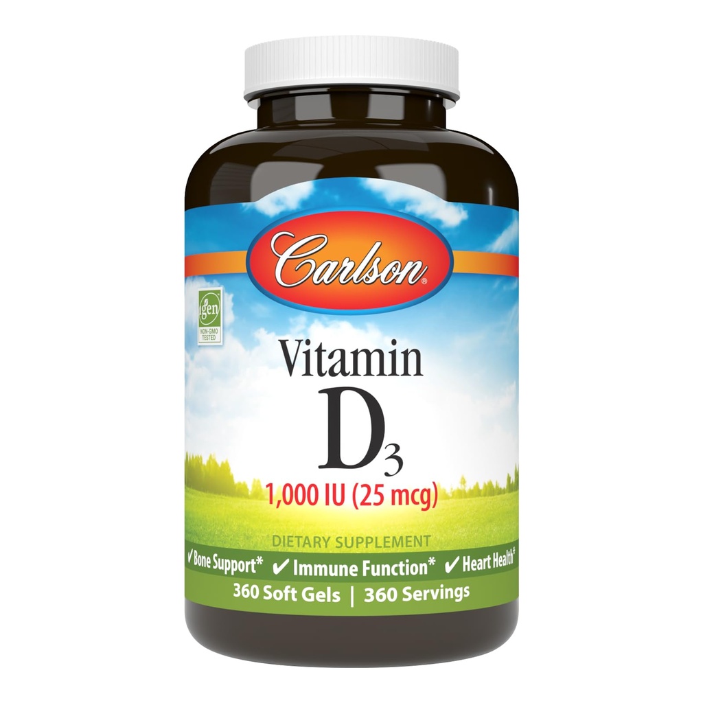 Carlson - Vitamin D3, 1000 IU (25 mcg), Knochengesundheit, Muskelgesundheit, Cholecalciferol, Vitamin D Nahrungsergänzungsmittel, Vitamin D3 Weichgele, 360 Softgele
