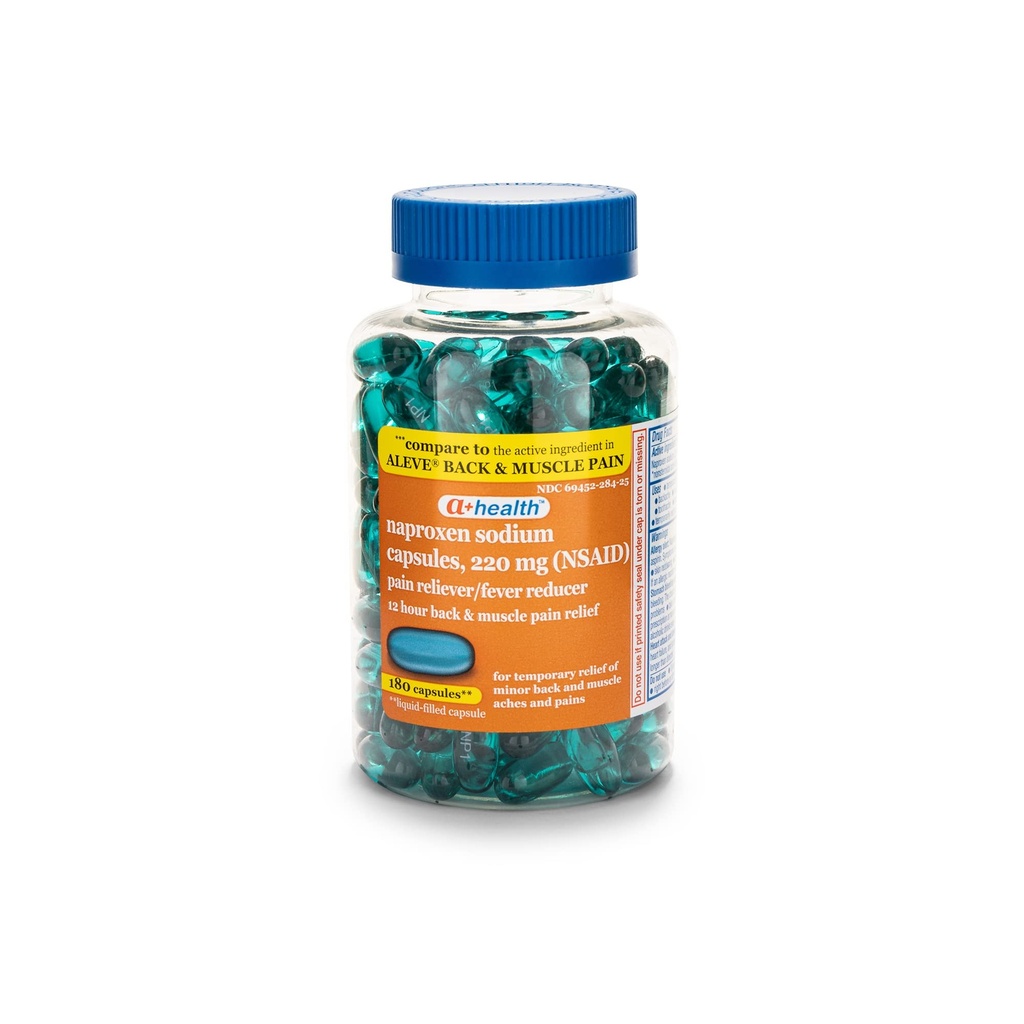 A+Health Naproxen Sodium 220 Mg Liquid Gel Back and Muscle Pain, Dolore Reliever/Fever Riduttore (NSAID), 180 Conte