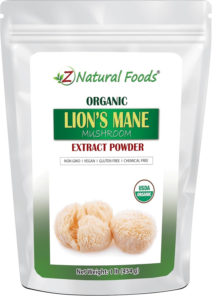 Z Natural Foods Organic Lion’s Mane Mushroom Extract Powder, Vitamin-Rich Superfood Powder, Perfetto per Tea e Smoothies, Non-GMO, Vegan, Gluten-Free, Kosher, 1 lb.
