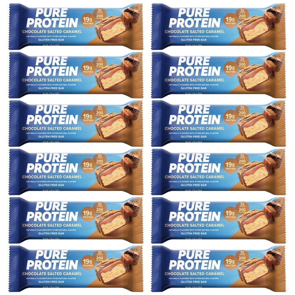 Barres de protéines pures, haute protéine, collations nutritives pour soutenir l'énergie 1,75 oz Sucre faible, sans gluten 12 Compte de chocolat salé Caramel