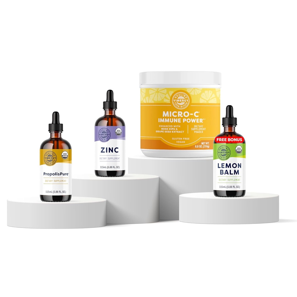 Ensemble de soutien pour les immunes Vimergy* – PropolisPure® (115ml) – Micro-C Immune PowerTM* (250g) – Zinc liquide (115ml) – Baume de citron gratuit (115ml) – Formules d'absorption rapide– Non-OGM, pas de sucre ajouté