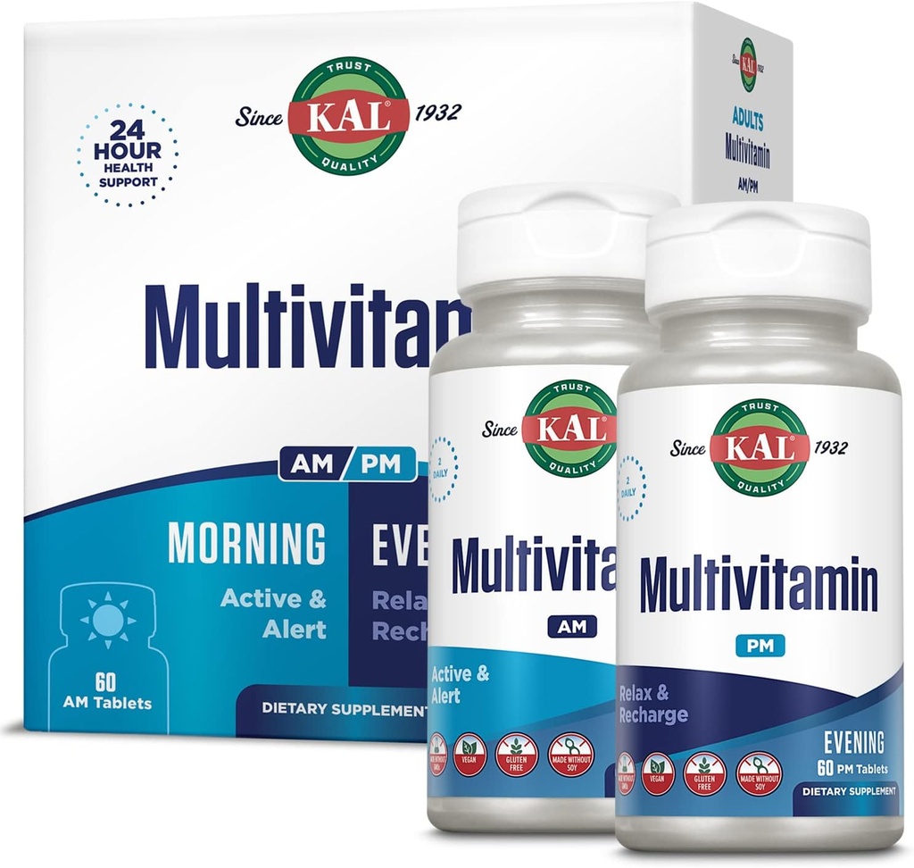 KAL Multivitamine AM/PM, 2-en-1 femmes et hommes Multivitamines Suppléments, curcuma, cerise à tart, Matcha biologique et Spiruline pour Immune, et support cellulaire, sans gluten, 30 portions, 120 comprimés