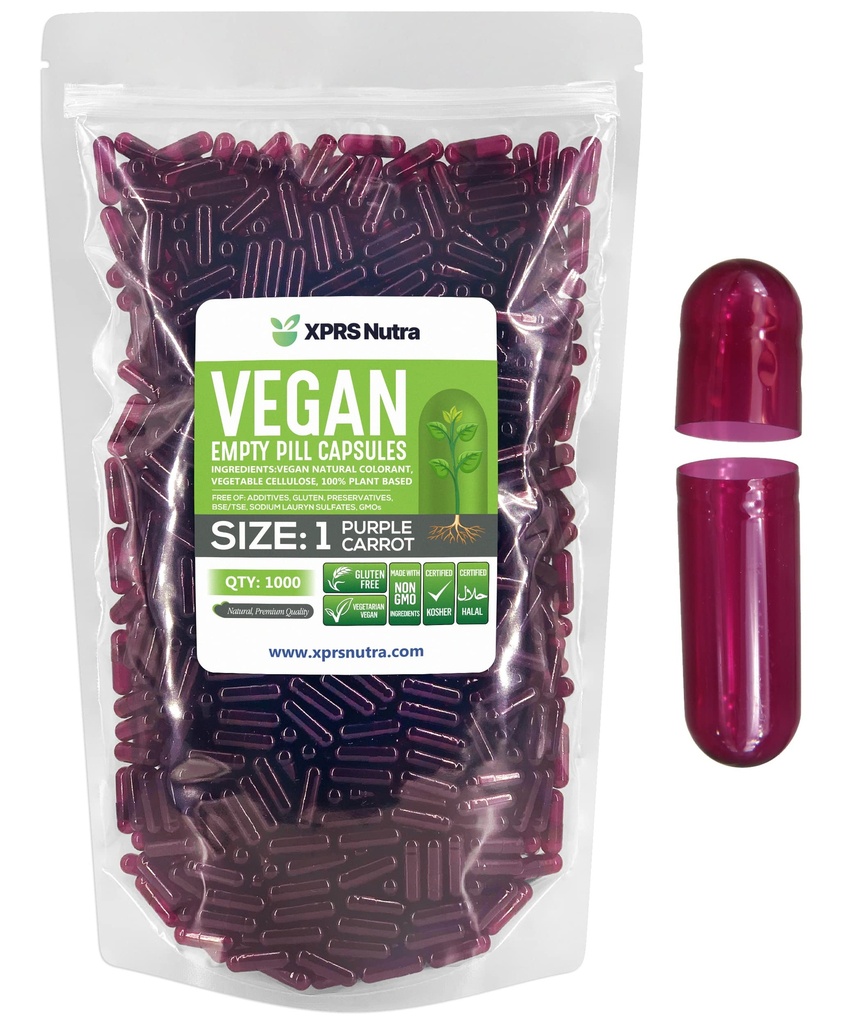 XPRS Nutra Size 1 capsule vuote - 1000 conta capsule vegane vuote - Pillole vegetariane- capsula vegetale fai da te Filling- Veggie Pill Caps per Do-It-Yourself Supplements (Purple Carrot)