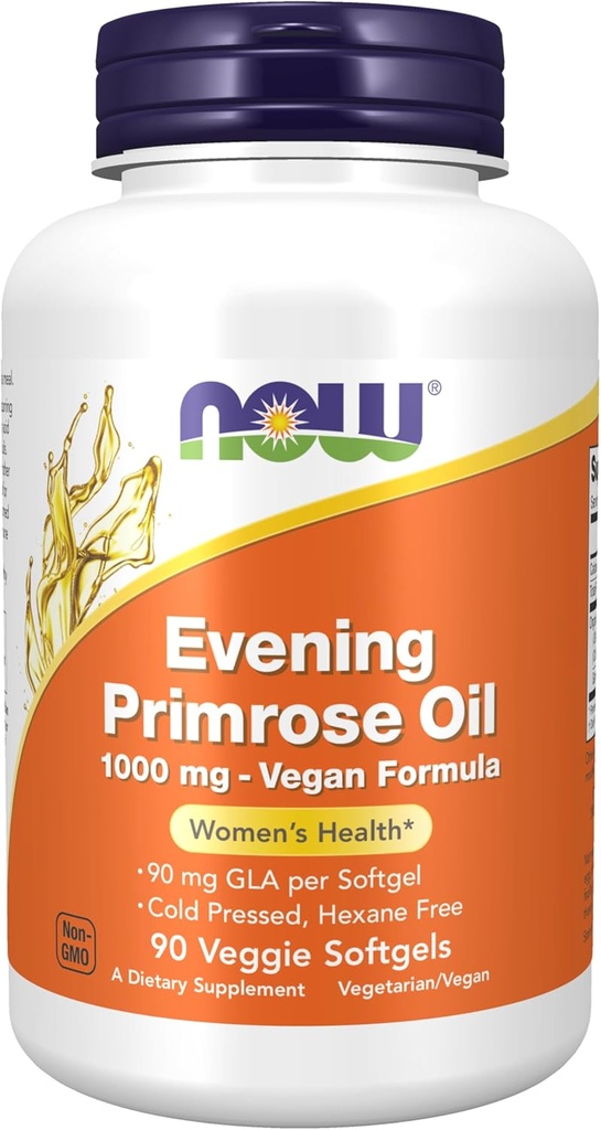 NOW Integratori alimentari, Olio di Primrose di sera 1000 mg, Pressato a freddo, Esane Free, Formula Vegan, 90 Veg Softgels