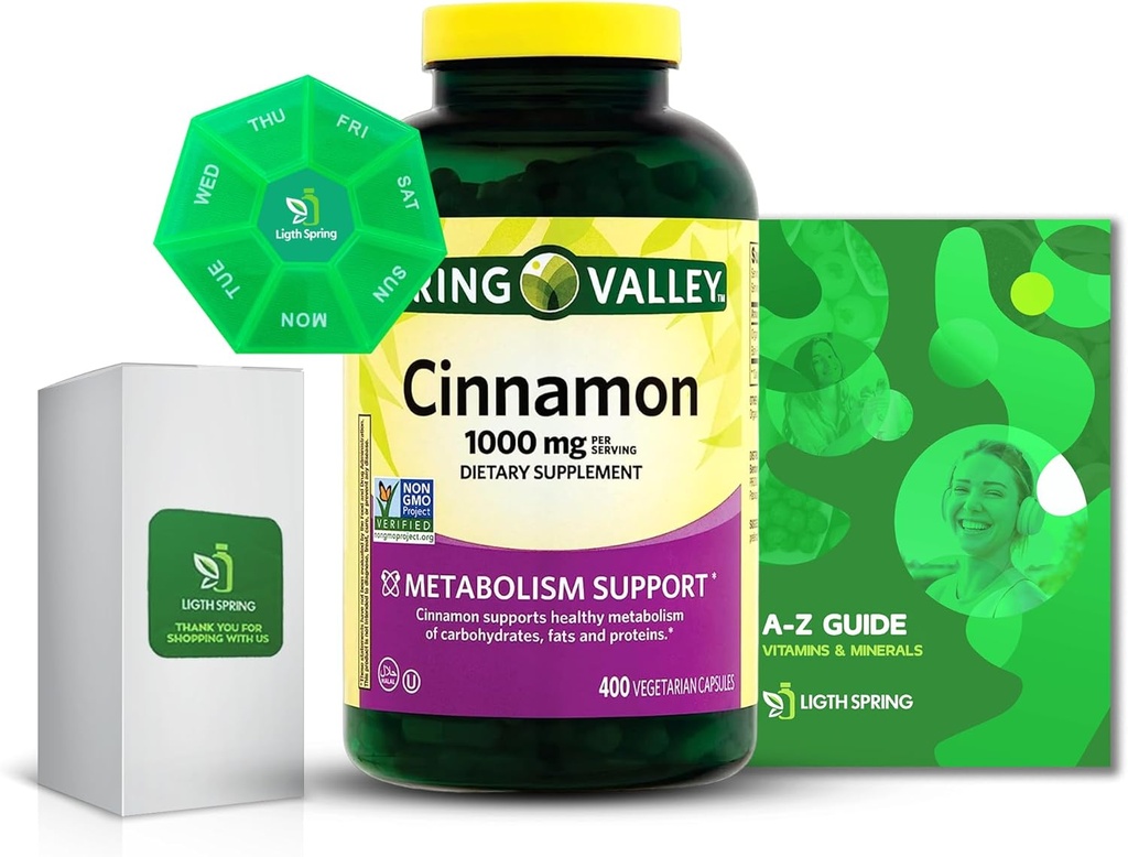 Cinnamon 1000mg Dietary Supplement Capsules, 400 Count with Bundle Exclusive Better Ligth&Spring Guide