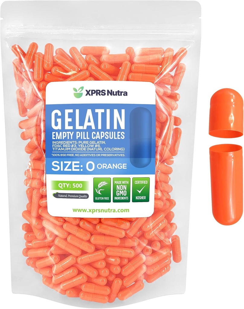 XPRS Nutra Size 0 Capsule Vuote - 500 Conte Empty Gelatin Capsule - Pillole DIY Capsule Filling - Pure Bovine Pill Gel Caps per Do-It-Yourself Supplements (Orange)