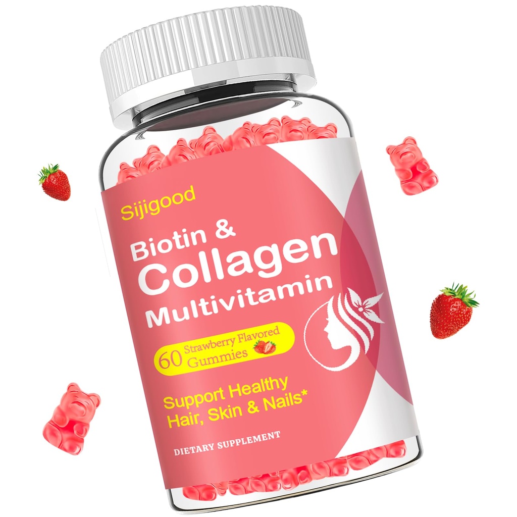 Kollagengummis für Frauen Männer, Frauen über 50, Collagen Peptides Protein Typ I,II,III,V,X mit Biotin Keratin Vitamin C A D E B12 K2 für Haut Haarnägel Immunität Energie 60 Erdbeeren Flavored Gummies