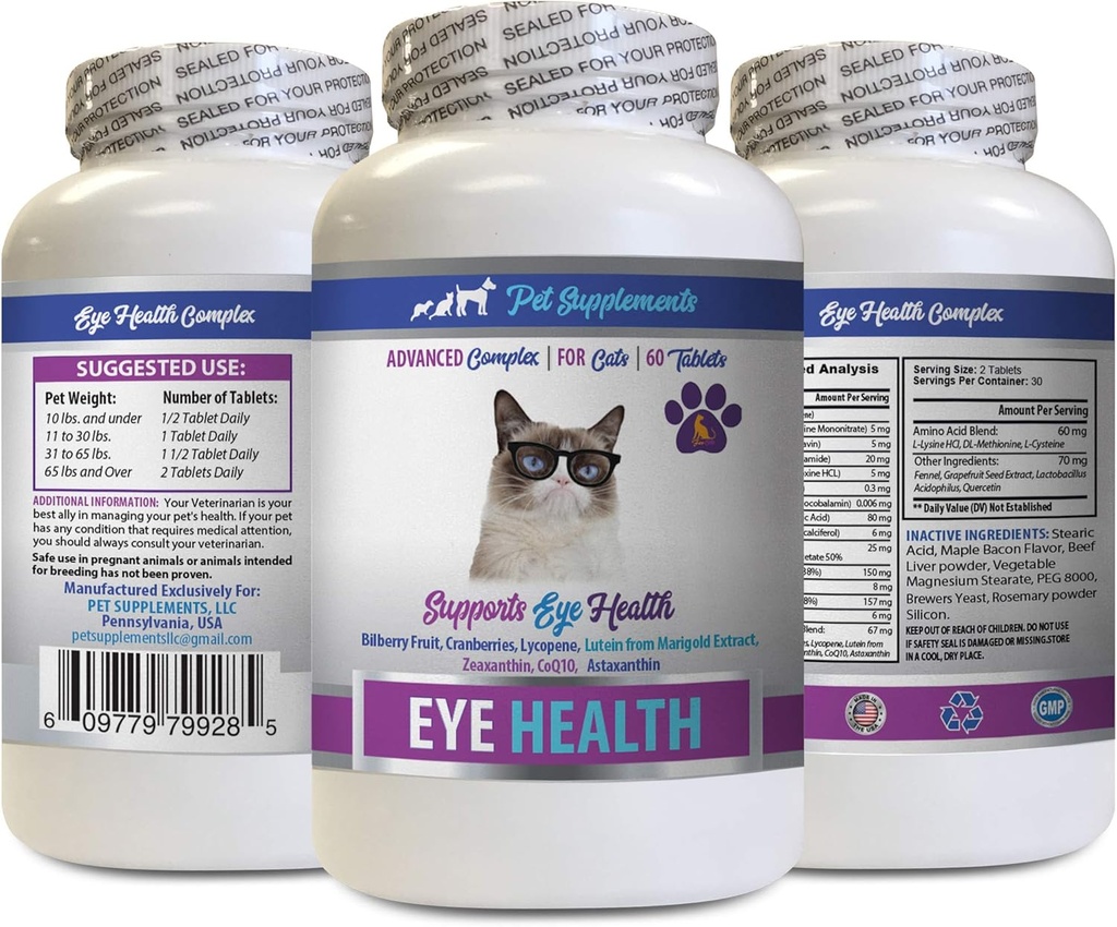 chat Vitamines oculaires - Complexe de santé oculaire des chats - Formule avancée pour la vue des yeux - Immune Boost - astaxanthine des chats - 1 bouteille (60 comprimés)