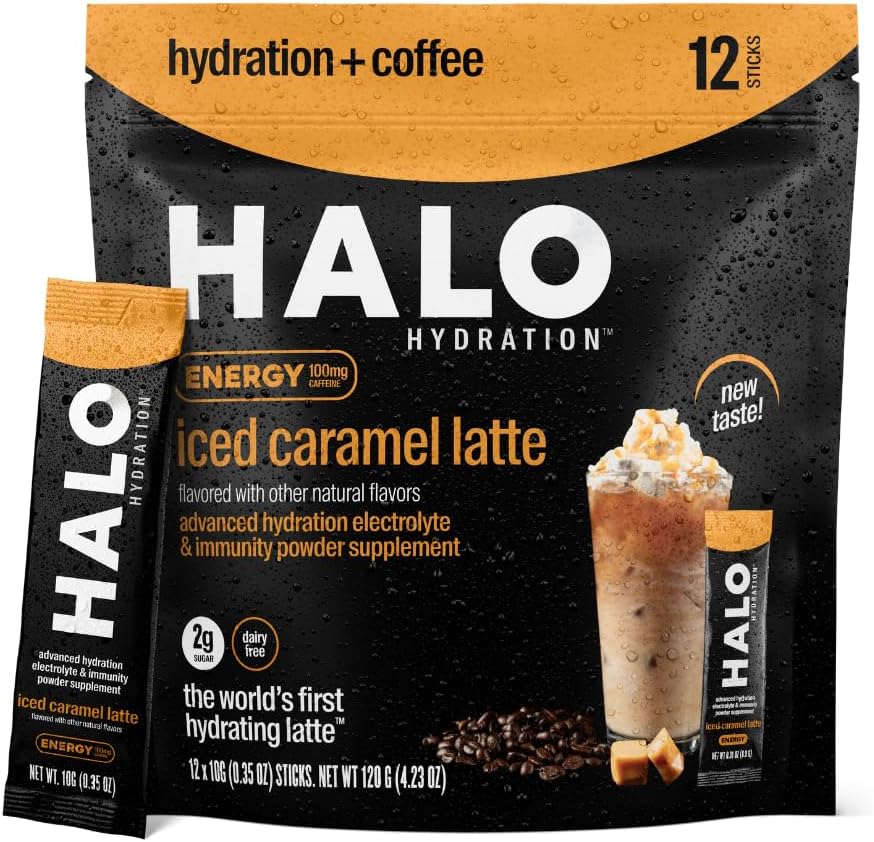 HALO Iced Caramel Latte - Energy Drink Powder – Gesunde Kaffeemischung für die Hydration mit Elektrolyten, Koffein, Vitamine und Mineralien - 20 Kalorien - Keto und niedrige Kalorien - 1 x 12 Sticks