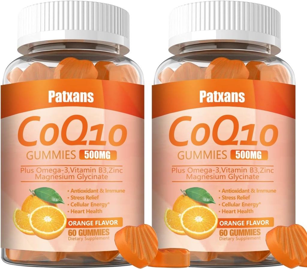 2 Packs 500MG CoQ10 Supplément Gommies, Oméga-3, Magnésium, Vitamine B3, Zinc, Ultra Haute Absorption Fournit un soutien sain pour le coeur, l'énergie cellulaire et les antioxydants, 120Cts.