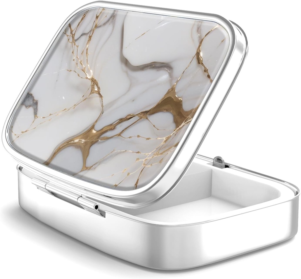 Pill Box 2 Compartiment petit cas de pilule, Portable pour Pocket ou Purse Pill Organizer Porte-conteneur Pill pour tenir les vitamines, les médicaments, l'huile de poisson et les suppléments (Gray Marbling Gold)